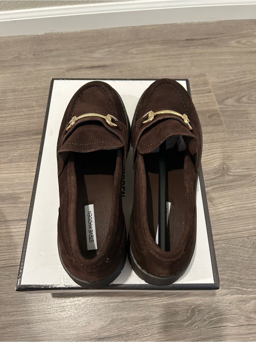 Steve Madden Dark Brown Suede Platform Loafers with Gold Bit - Picture 3 of 5
